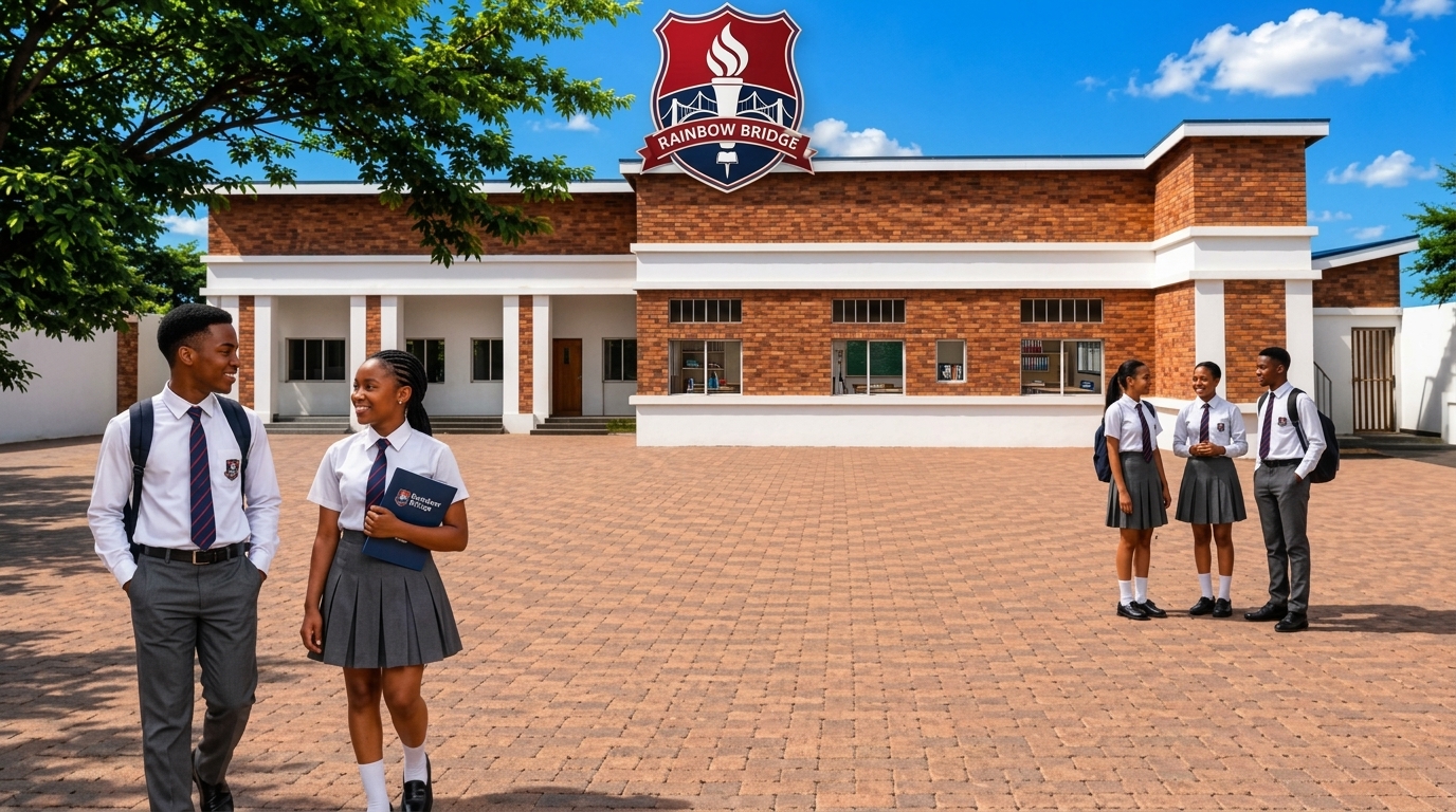 Rainbow Bridge College students in front of the main campus building in Enugu