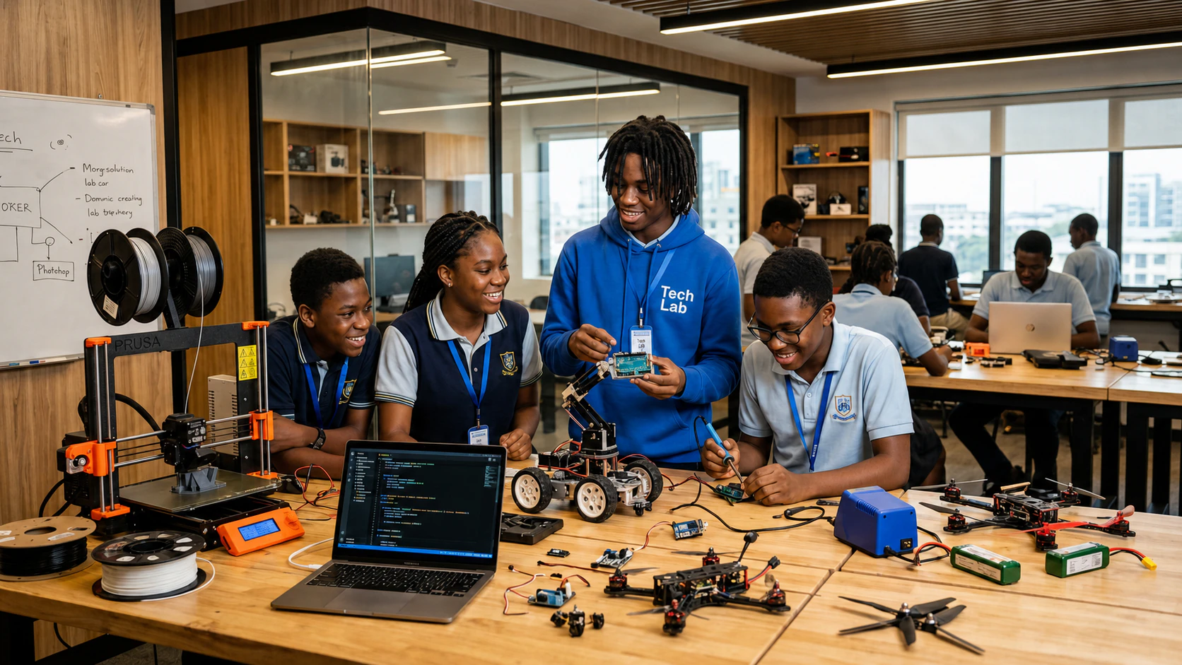 Students building robotics projects in the Rainbow Bridge innovation lab