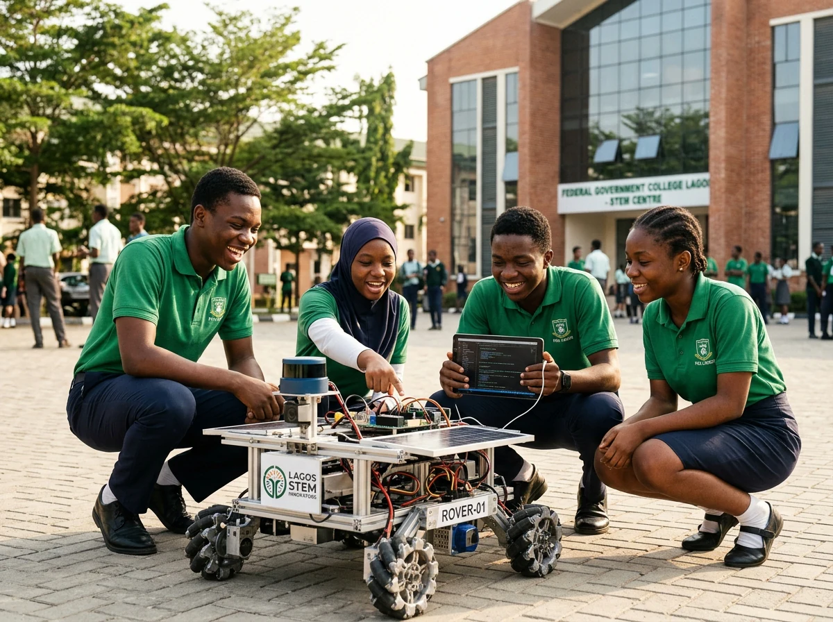 Student robotics team presenting an autonomous campus rover