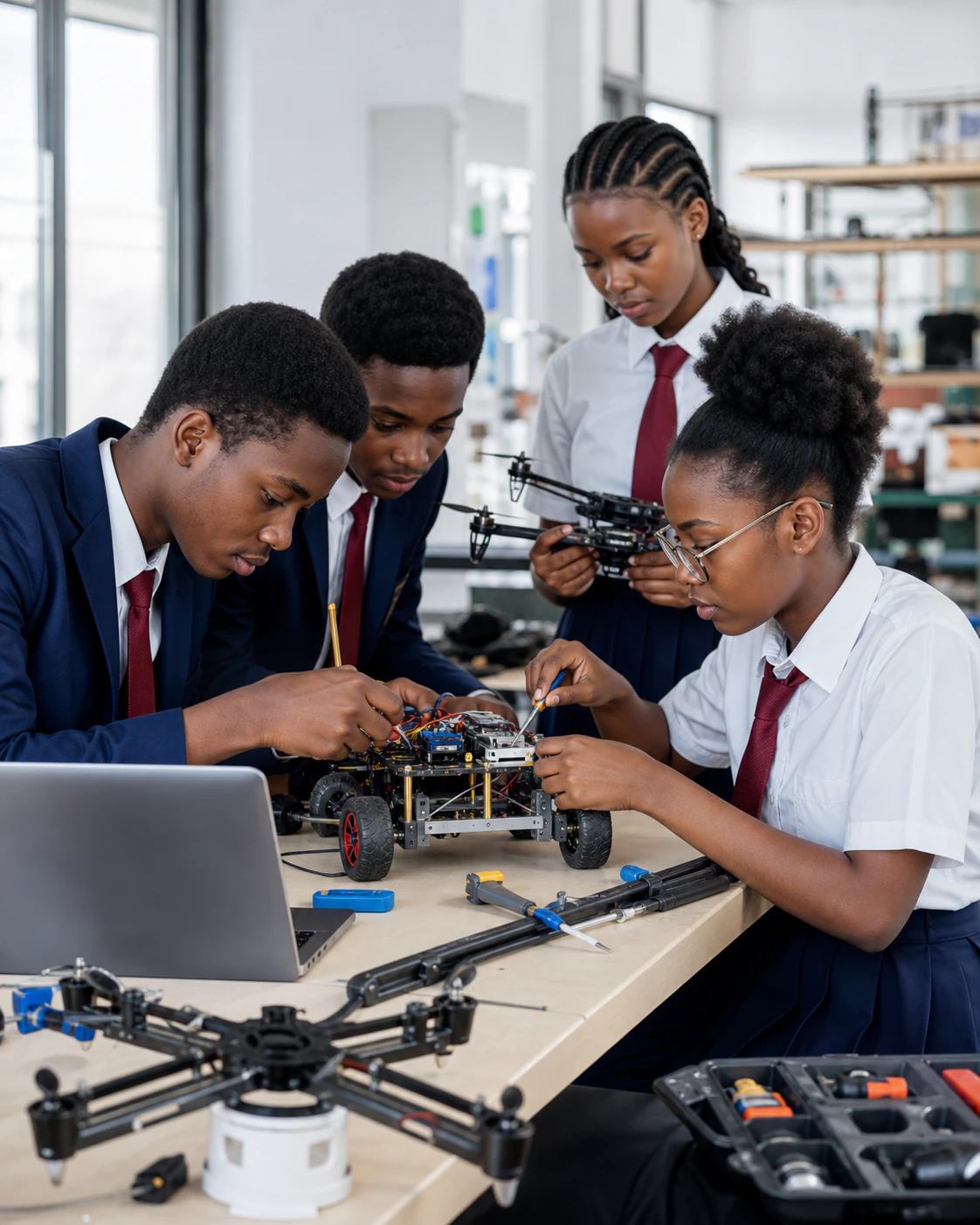 Rainbow Bridge College students building a robotics project in the technology studio